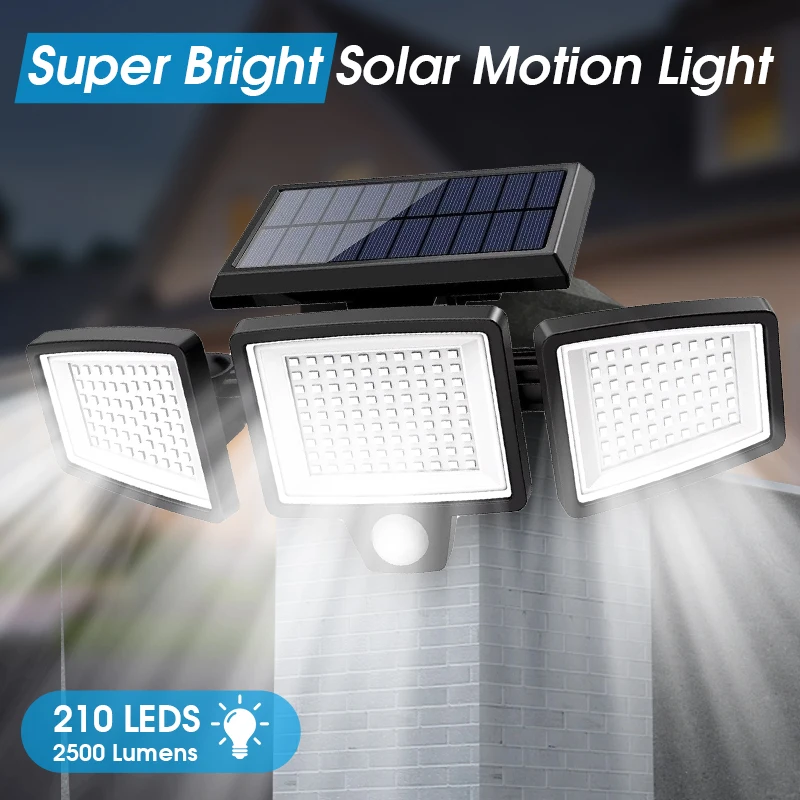 Solar-Sicherheitsleuchten, 210 LEDs, 3-Kopf-Flutlicht mit Bewegungsmelder und Fernbedienung, wasserdicht, 270 ° Wandleuchte mit 3 Modi für Garage und Hof
