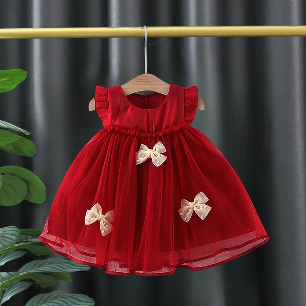 Baby Kleidung Mädchen Sommer Prinzessin Schleife Mesh Kinder Kleid Ärmellos Wunderschöne Party 1. Geburtstag Kleid Urlaub Geschenke Image