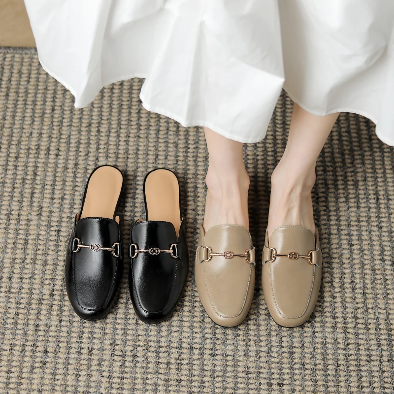 Echtes Leder Schuhe Frauen Pantoletten Slipper Cover Toe Elegante Hausschuhe Sommer einfache lässige Slipper