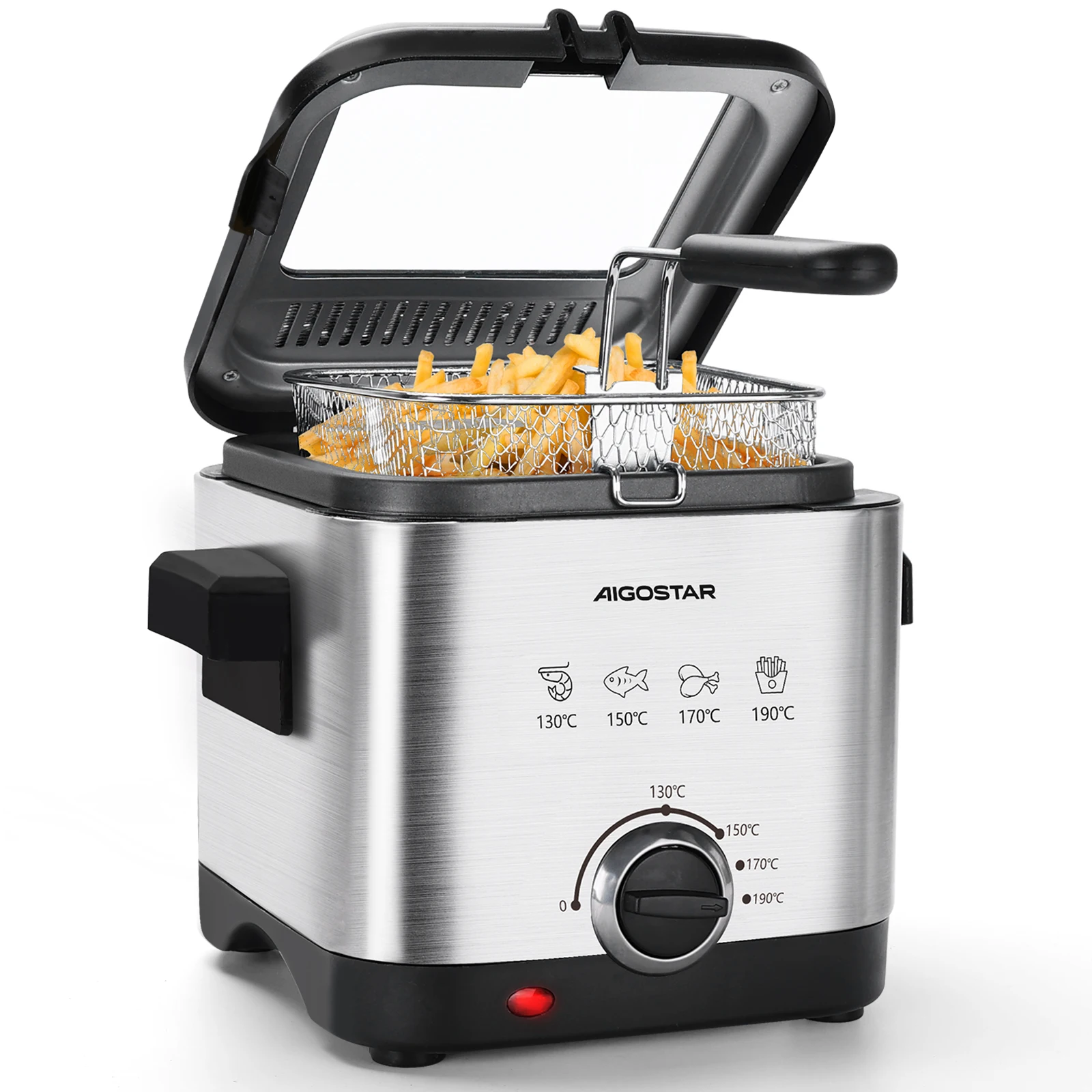 Aigostar Fritteuse， Mini Fritteuse， Temperaturkontrolle und Sichtfenster ，Easy Clean， Edelstahl-Korb， 1，5 Liter groß，1000W Image