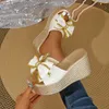 Gold Sohle Sommer 9 cm Keil Heels Hausschuhe Außerhalb Frauen Süße Schleife Mulers Plattform Sandalen Clog Schuh Rutschen Plus Größe 43