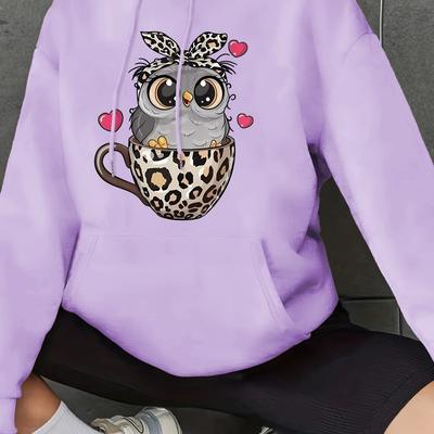 TEMU Owl Print Kangaroo Pocket Hoodie, Casual Long Sleeve Drawstring Hooded Sweatshirt For Fall & Winter, Women's Clothing Image