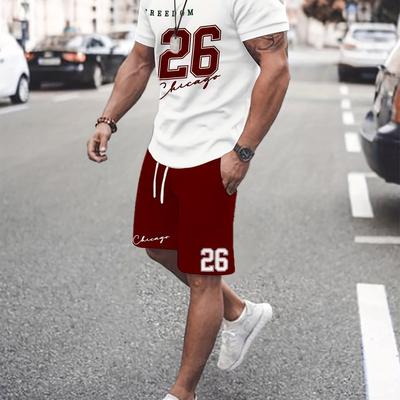 TEMU Men' Summer Fashion Two-piece, Featuring 26 Printed Monogrammed Designs, Including Short-sleeved Tops And Shorts, Is Casual Image