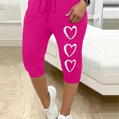 TEMU Women's Plus Size Pink Bermuda Shorts With Heart Print - Loose Fit, Elastic Waistband, Casual Summer Pants For Casual Attire, Cute Shorts Image