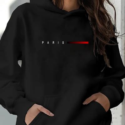 "TEMU 1pc Women's Casual Polyester Hoodie With "paris" Gradient Letter Design, Fashionable Hooded Sweatshirt With Kangaroo Pocket, Knit Fabric Pullover For And Travel" Image
