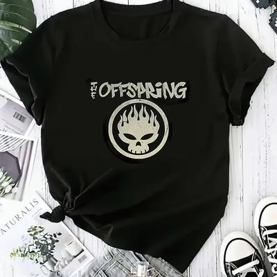 TEMU 1pc The Band Women's Short Sleeve T-shirt - Skull Logo Graphic Print, Black & White Casual Round Neck Tee, Machine Washable Fit, Skull T Shirt, Apparel, Musicthemed Shirt, Comfortable Fabric Image