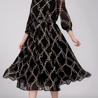 TEMU Plus Size - Elegant Black And Print Chiffon Maxi Dress With Belt - Long Sleeve, Flowing A-line Silhouette, Evening Or Formal Occasions, Formal Evening Wear | Aline Silhouette | Chiffon Fabric Image