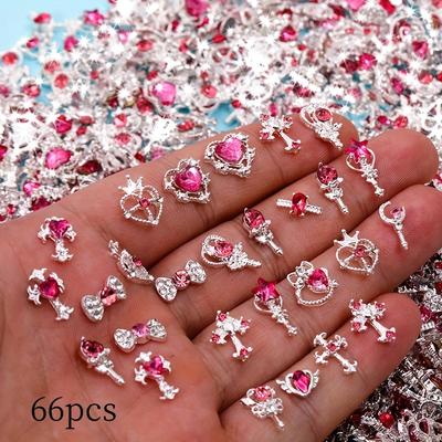 TEMU 66pcs Luxury Rhinestone Metal 3d Nail Art Pieces - Heart And Pink Diamond Shapes, Alloy For Women's , Nail Art Supplies | Glittering Nail Decor | Durable Alloy Image