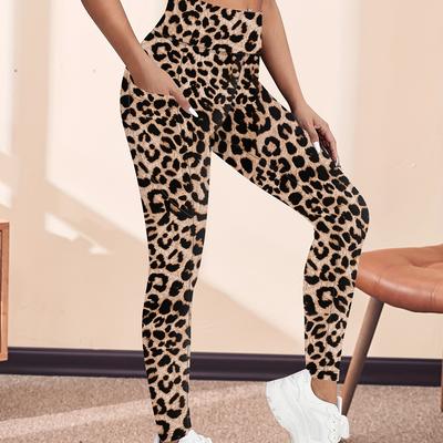 TEMU Women's High-waist Leopard Print Leggings With Crescent Pockets - Stretchy, For All , Leopard Print Pants Image