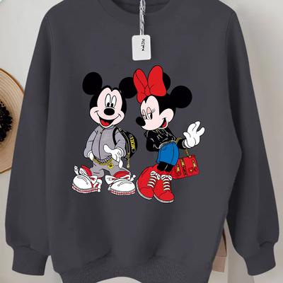 TEMU Women's Casual Long Sleeve Round Neck Hoodie - Vibrant Red With & Mouse Drumming Cartoon Print, Cozy Autumn/winter Wear, Machine Washable, Hoodie Image