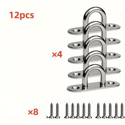 TEMU 12pcs- A Set Containing 4 Stainless Steel Screw Hooks And 8 Mounting Screws, M5 Eye Pads With Rings, Suitable Equipment, Heavy-duty Ceilings And Wall Hangers Image