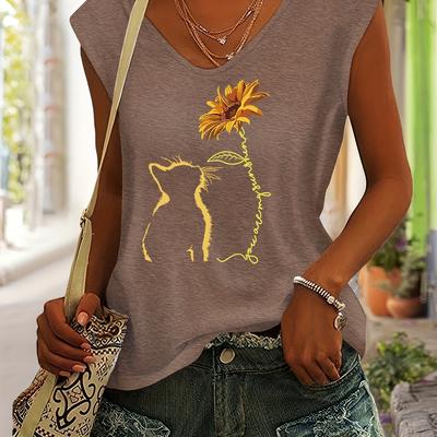 TEMU Women's Casual Cat & Sunflower Print Rayon V-neck T-shirt - Soft Breathable Short Sleeve Top With Design, Relaxed Fit For Spring/summer Casual Attire, Summer Fashion, Medium Elasticity Image