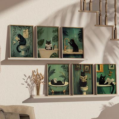 TEMU Set Of 6 Unframed Cat Bathroom Canvas Prints - Whimsical & Funny Black Cat Wall Art Posters For Home Decor, Living Room, Bedroom, Office, Image