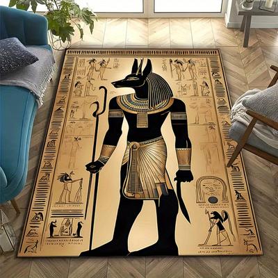 TEMU Luxurious Egyptian-themed Area Rug - 800g/m² , Non-slip, Golden & With Hieroglyphic Inscriptions, Bedroom Or Living Room Decor Image