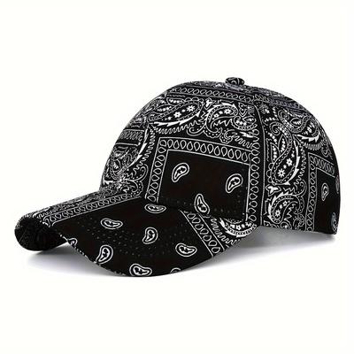TEMU Women's Adjustable Baseball Cap With Intricate White & Print, Breathable Mesh Back, Black With Golden Accents, Casual Or Sporty Outfits, Casual Headwear | Mandala Pattern Cap | Image