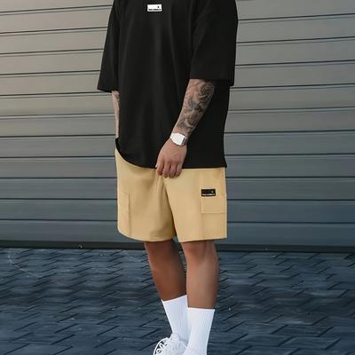TEMU Men's Casual Sports Suit With Elastic Waist And Solid Color T-shirt Pocket Shorts Set Image