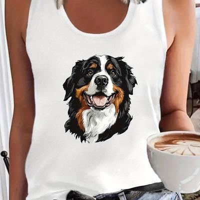 TEMU Women's Casual Summer Sleeveless Tank Top With Bernese Graphic Print - Black Stretchy Round Neck Shirt, Machine Washable For Casual Attire, Ladies Tank Tops, Nontransparent Fabric Image