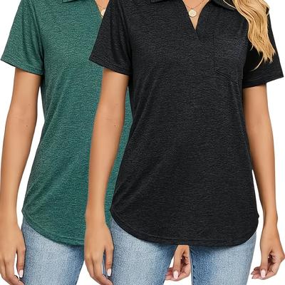 TEMU 2pcs Women's Casual V-neck Short Sleeve T-shirts - & Black, Loose Fit, , Casual Wear| Tshirt| Image