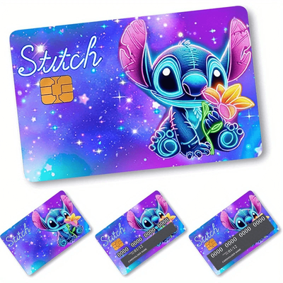 TEMU Stitch Savings Cards And Credit Card Stickers Set - Card Skin, Ultra-thin Pvc Material, Removable, Anti-wrinkle, Bubble-free, Black With Vibrant Cartoon Design For Banks And Transportation Cards Image