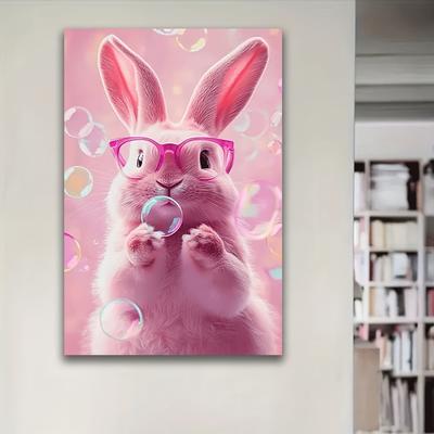 TEMU Canvas Art Print - , Bunny With Glasses , Ideal For Living Room, Office, Or Restaurant Decor, Perfect Birthday Or Valentine's Day Gift, Rabbit Accessories Image