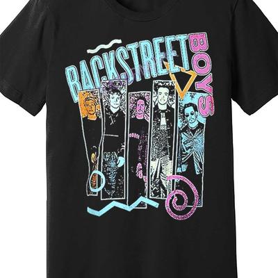 TEMU Men's Retro Graphic T-shirt - Black Cotton Short Sleeve Tee With Vibrant Neon Geometric Band Design, Relaxed Neck, Machine Washable For Adults, Vintage T Shirts Image
