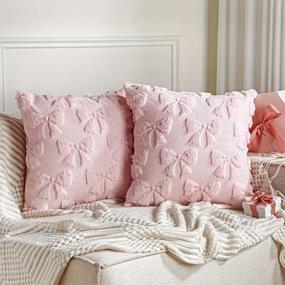 TEMU Set Of 2 Bowknot Pillowcases 18×18 Inch Room Decoration Cute Fur Soft Pillowcase Material Fluffy Plush Aesthetic Bed Sofa Couch Slipcover Pillowcase (pink) Image