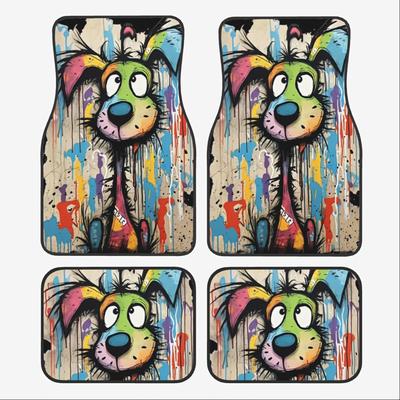 TEMU 4pcs Vibrant Cartoon Car Floor Mats - Fit For Cars, Trucks & Suvs - Durable Polyester With Paint Splatter Pattern - Stylish Interior Protection - Perfect Gift For , Dog Car Accessories Image