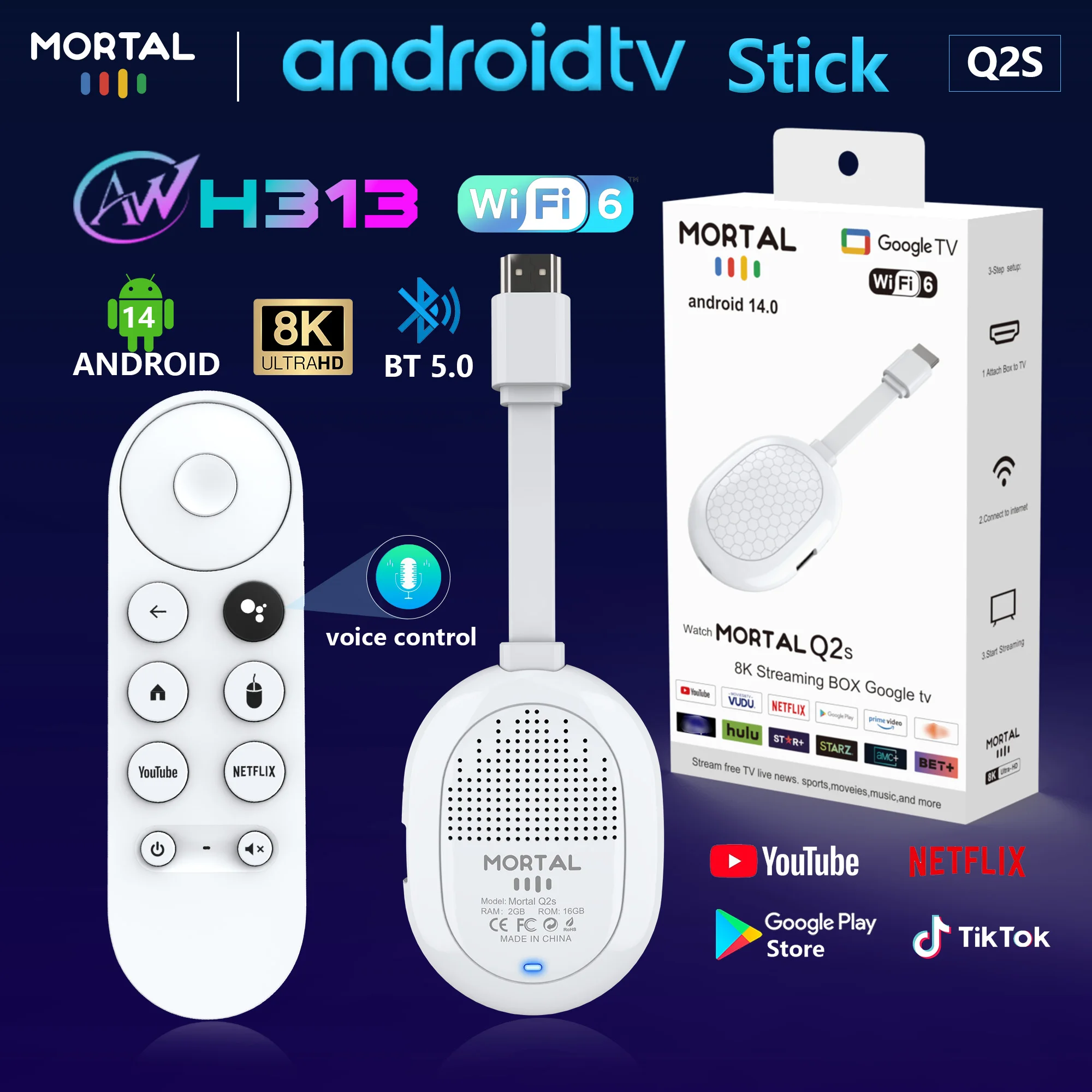Factory directly Android 14 Allwinner H313 TV stick Mortal Q2S Dongle Support Youtube google Wifi6 BT5.0 8K Voice Remote TV BOX