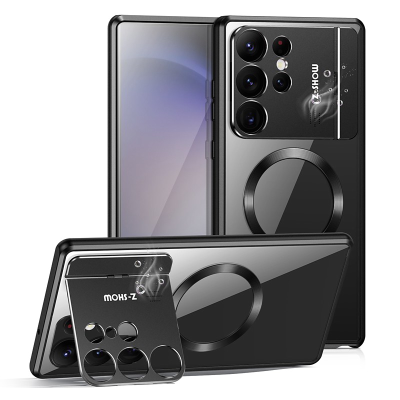 Phone Case For Samsung Galaxy S25 Ultra Plus S24 S23 S22 Magnetic Adsorption With Magsafe with Stand Holder Transparent Magnetic Acrylic Metal