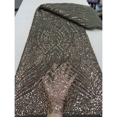 High-End Handmade Beaded Lace Fabric, France Sequins Embroidery, 3D Beads, Nigerian Bridal Mesh Lace Fabric for Sewing