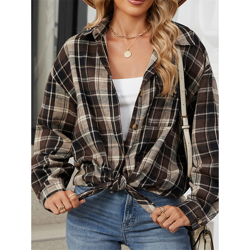 Women's Shirt Jacket Shacket Warm Breathable Buttons Pocket Print Casual Plaid Vacation Street Daily Wear Going out Single Breasted Regular Turndown Regular Fit Long Sleeve Outerwear Brown Green Fall
