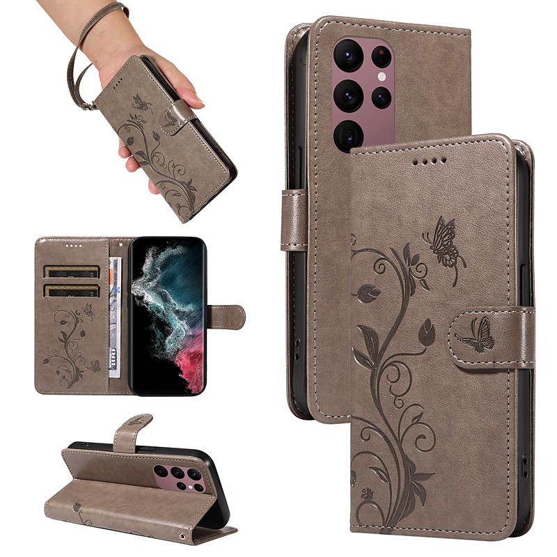 Phone Case For Samsung Galaxy S26 Ultra Plus S25 S24 S23 S22 S23 FE S21 Ultra Plus A34 A54 A73 Wallet Case Embossed Full Body Protective with Wrist Strap Tree Butterfly TPU PU Leather