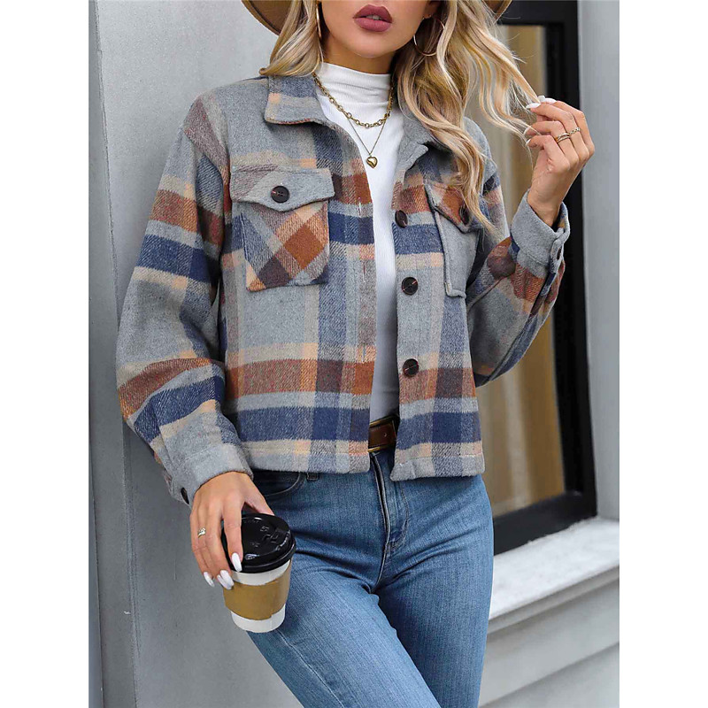 Women's Coat Outdoor Street Daily Wear Fall Winter Short Coat Regular Fit Thermal Warm Breathable Stylish Casual Jacket Long Sleeve Stripes and Plaid with Pockets Print Red Green Khaki