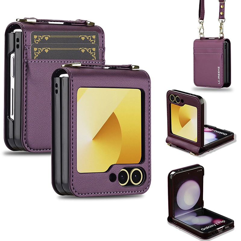 Phone Case For Samsung Galaxy Z Flip 7 Z Flip 6 Z Flip 5 Z Flip 4 Z Flip 3 Back Cover with Lanyard Card Slot Shockproof Retro TPU PU Leather