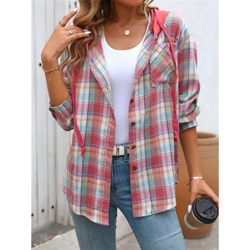 Women's Casual Jacket Hoodie Jacket Outdoor Street Daily Wear Fall Winter Regular Coat Regular Fit Thermal Warm Breathable Stylish Casual Jacket Long Sleeve Stripes and Plaid with Pockets Print Black