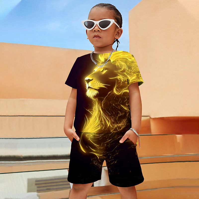 Boys 3D Graphic Animal Lion T-shirt Shorts T-shirtSet Clothing Set Short Sleeve 3D prints Summer Spring Active Sports Fashion Polyester Kids 4-12 Years Outdoor Street Vacation Regular Fit