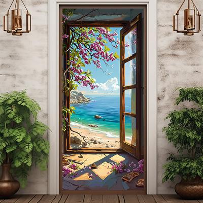 Window View Beach Door Covers Mural Decor Door Tapestry Door Curtain Decoration Backdrop Door Banner Removable for Front Door Indoor Outdoor Home Room Decoration Farmhouse Decor Supplies