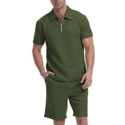 Men's Waffle Tracksuit Polo Shirt Shorts Set Outfit Set Polo Collar Quarter Zip Outdoor Daily Sports Pocket Drawstring 2 Piece Plain Black White Khaki Polyester Activewear Classic Casual Summer