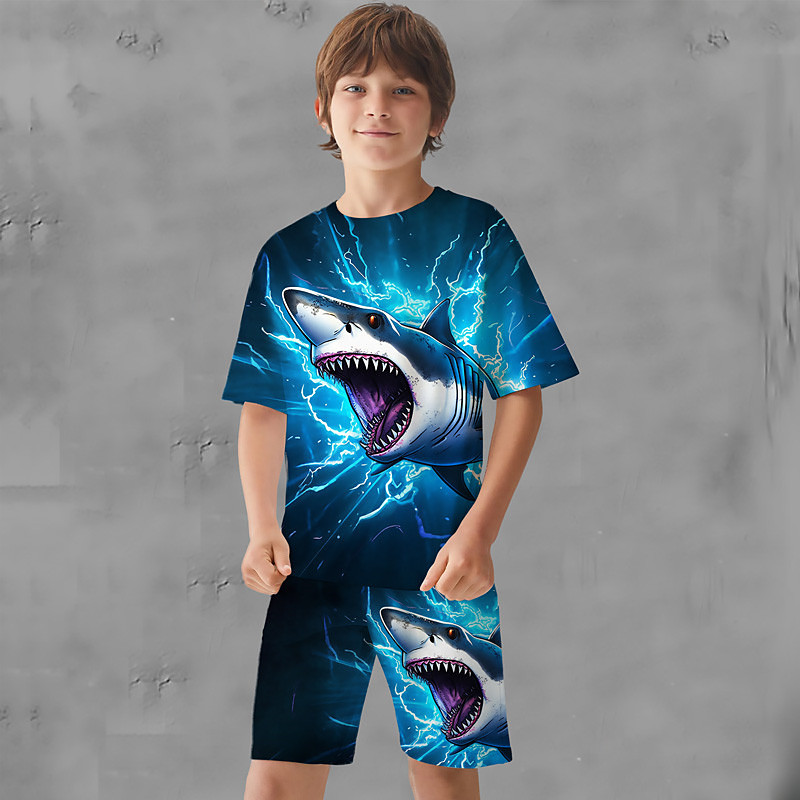 Boys 3D Graphic Animal Shark T-shirt Shorts T-shirtSet Clothing Set Short Sleeve 3D prints Summer Spring Active Sports Fashion Polyester Kids 3-13 Years Outdoor Street Vacation Regular Fit
