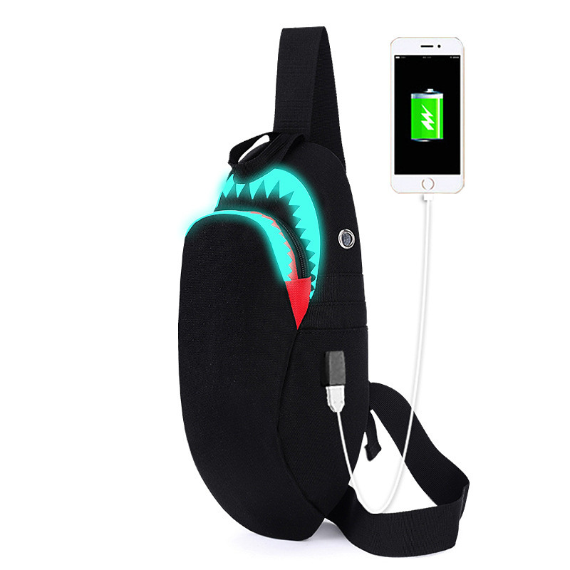 USB function backpack School Bag Men Fashion USB Charging Night Luminous Backpack Shark Laptop Backpack Teenagers School Bag Travel Bag Black