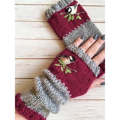 Hand-Knitted Bird Embroidered Fingerless Gloves - Cozy Winter Mittens for Women, Warm Knitted Wool Arm Warmers