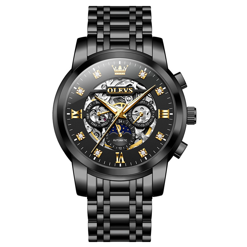 OLEVS Men's Mechanical Watch, Luxury Large Dial, Hollow Skeleton, Automatic Self-Winding, Moon Phase Luminous Steel Wristwatch