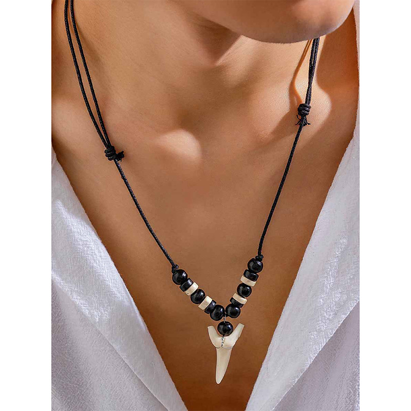 Men's Shark Tooth Pendant Necklace – Handmade Tribal Style Beaded Surfer Jewelry with Adjustable Rope Cord for Beach, Vacation Casual Wear
