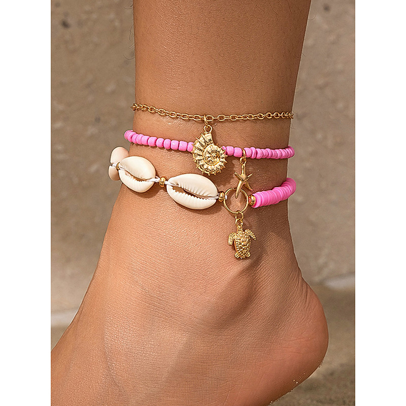 Bohemian Beach Anklet Set – Handmade Turquoise Beaded Ankle Bracelets with Seashell, Starfish, and Conch Charms, Summer Foot Jewelry for Women, Vacation Festival Accessories