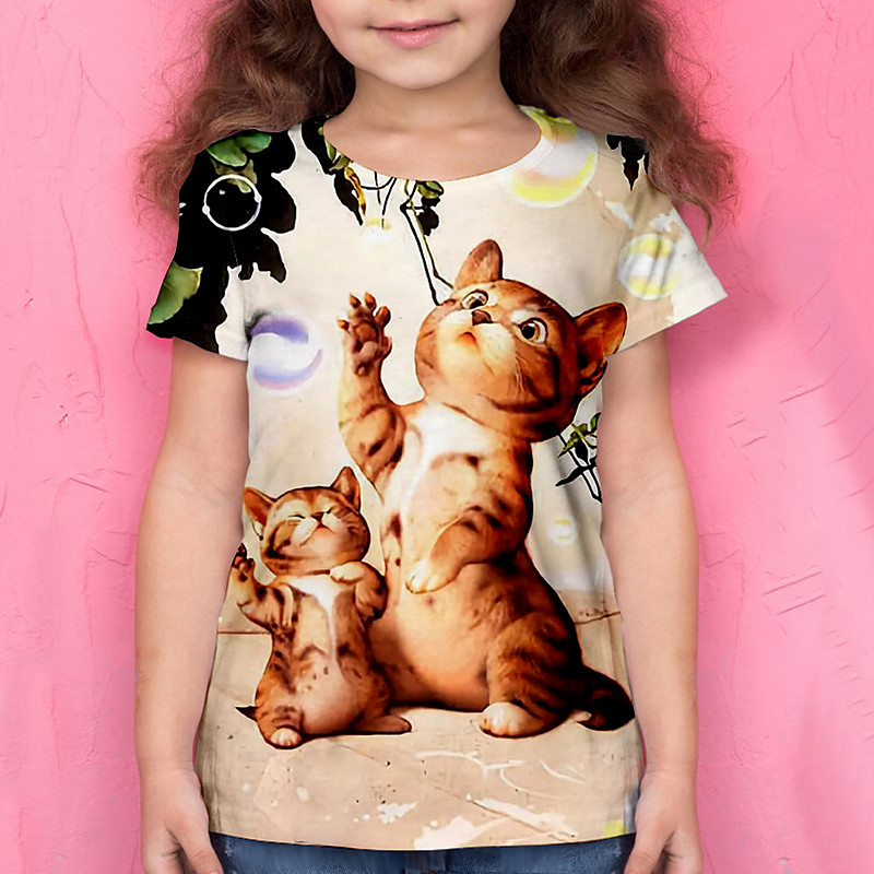 Girls' 3D Animal Cat T shirt Tee Short Sleeve 3D Print Summer Active Polyester Kids 4-12 Years School Daily Wear Regular Fit