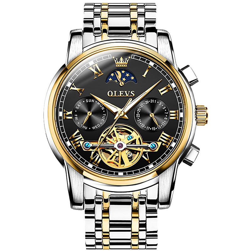 OLEVS Men Mechanical Watch Calendar Luxury Waterproof Fashion Automatic Self-winding Moon phase Luminous Stainless Steel Strap Watch