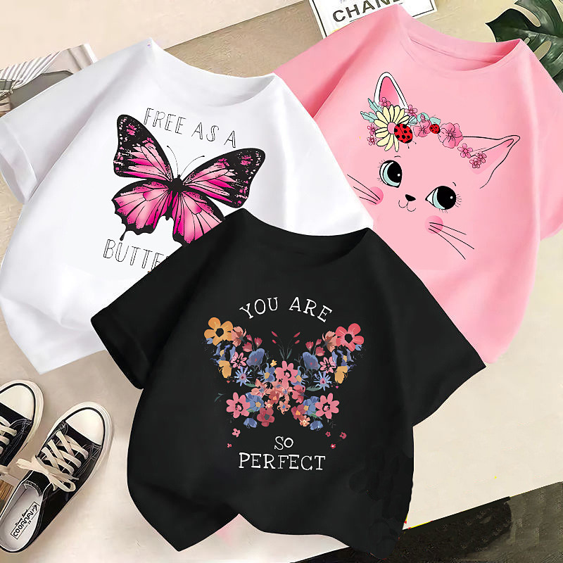 Multi Packs 3 Pairs Girls' Crew Neck Short Sleeves BlackPinkWhite T Shirt Cat Vacation Daily Wear Cotton Spring Summer