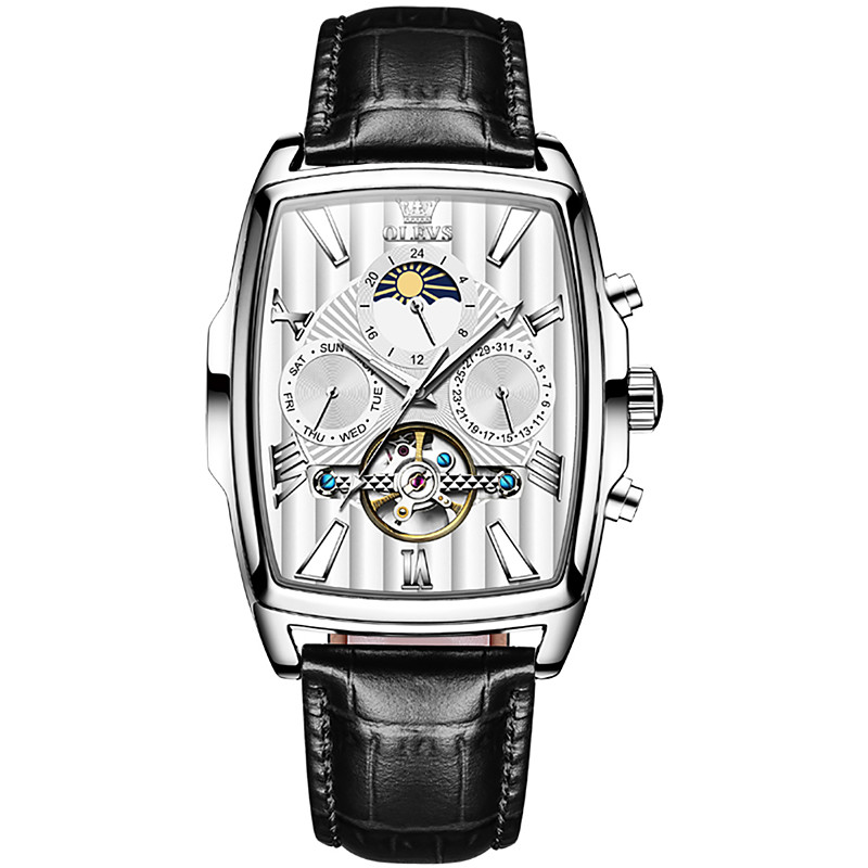OLEVS Men Mechanical Watch Fashion Casual Wristwatch Automatic Self-winding Moon phase Luminous Calendar Leather Watch