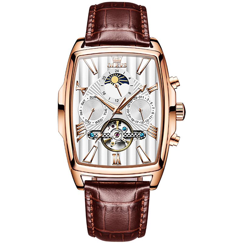 OLEVS Men Mechanical Watch Fashion Casual Wristwatch Automatic Self-winding Moon phase Luminous Calendar Leather Watch