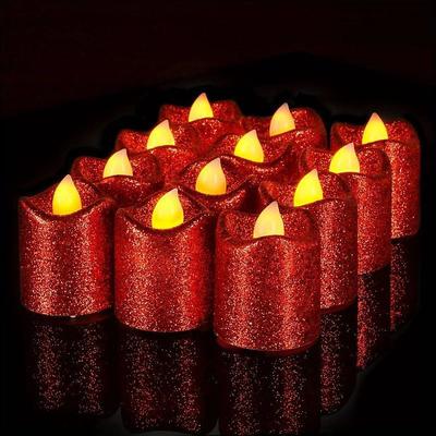 12pcs Flickering Flameless Candles Light Shiny Glitter Votive Candles LED Tea Lights Decoration for Christmas/Halloween Holidays Wedding Outdoor Table Party Festival